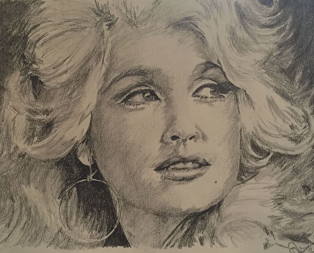 Pencil sketch of Dolly Parton